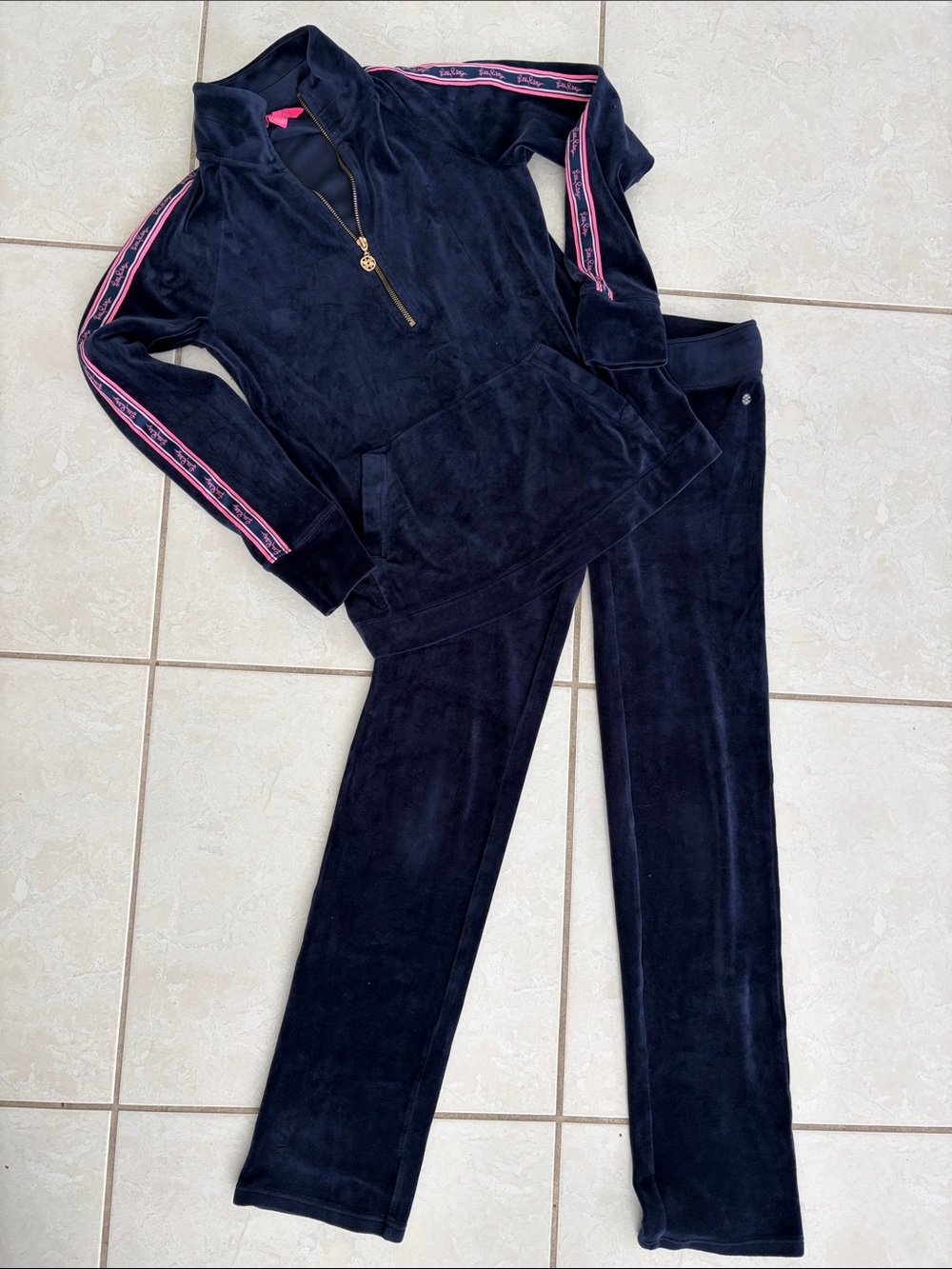 Lilly Pulitzer Navy Velour Track Set with Pink Stripe